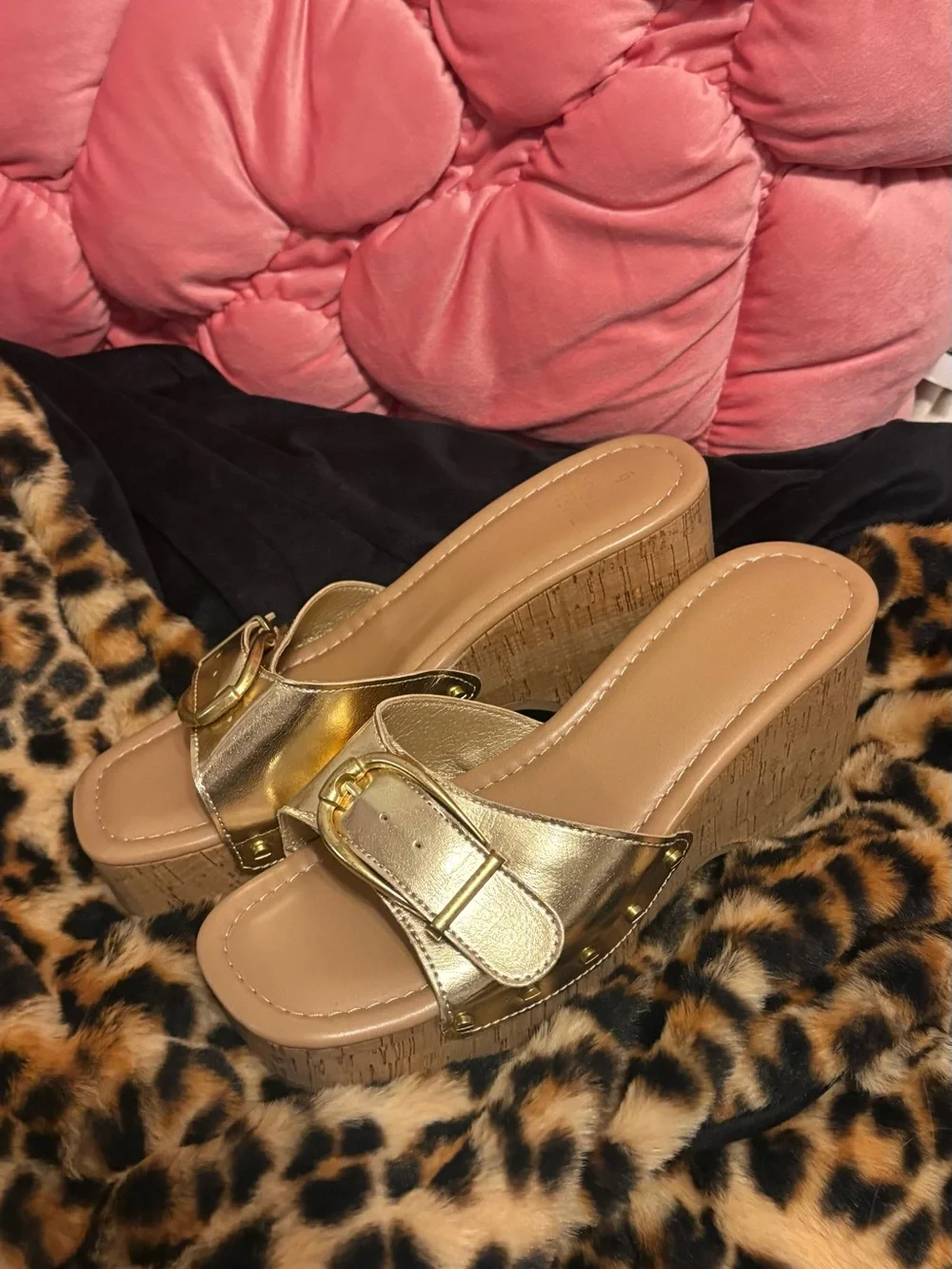 Gold Cork Wedge Slide Sandals - Women